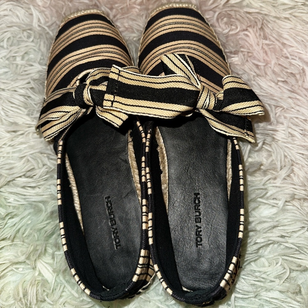 New TORY BURCH Bow Espadrille In Vintage Stripe Ribbon Size 6.5 - Picture 4 of 8